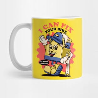 I can fix your bike, workshop toolbox mascot character holding a wrench Mug